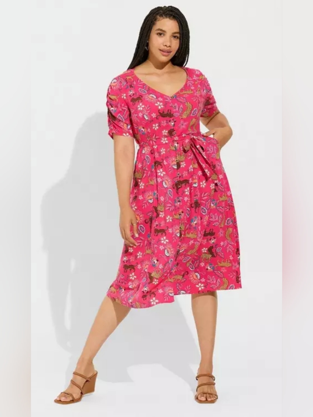 Torrid Midi Rayon Slub Button Front Tie Dress Leopard Pink Short Sleeve Sz 1/14